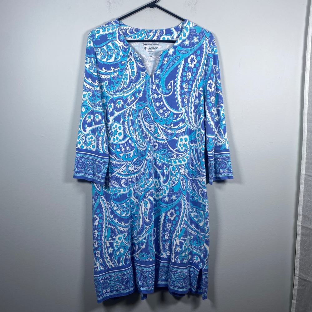 Coolibar Oceanside Tunic Dress Women's XL Blue Paisley UPF 50+ Resortwear Beach